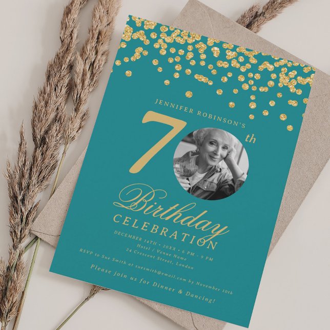 Elegant Photo 70th Birthday Gold Turquoise Invitation (Elegant Photo 70th Birthday Gold Turquoise Invitation)