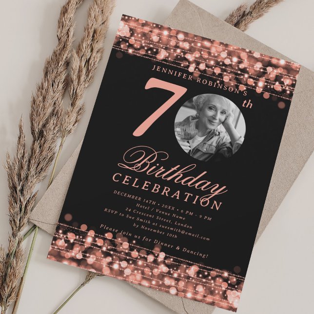 Elegant Photo 70th Birthday Party Rose Gold Lights Invitation (Elegant Photo 70th Birthday Party Rose Gold Lights Invitation)
