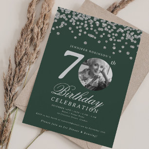 Elegant Photo 70th Birthday Party Silver Green  Invitation