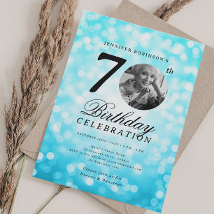 Elegant Photo 70th Birthday Party Turquoise Bokeh Invitation