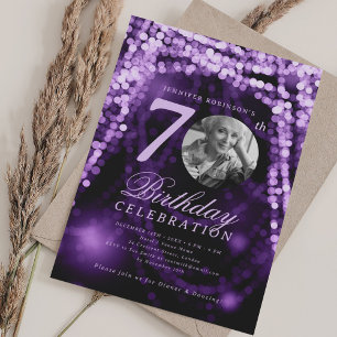 Elegant Photo 70th Birthday Purple Glam Lights Invitation