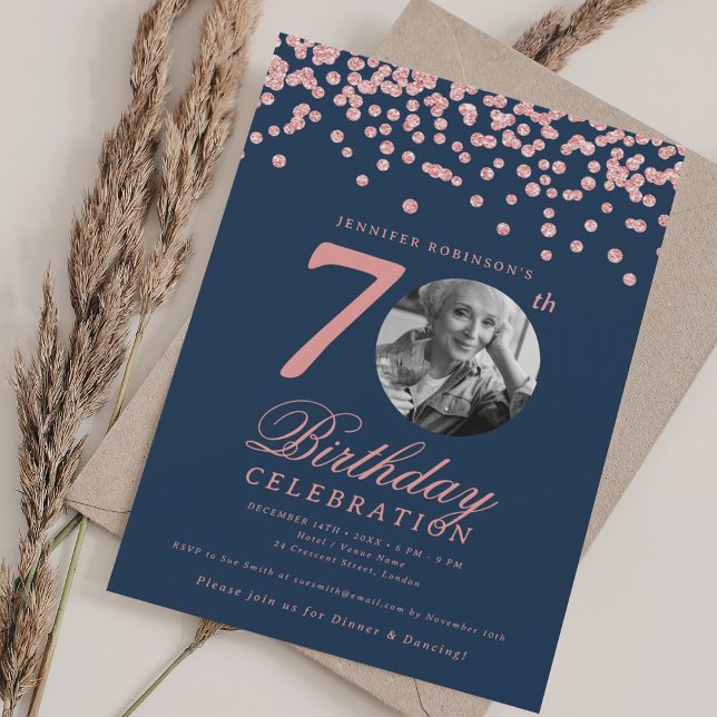 Elegant Photo 70th Birthday Rose Gold Navy  Invitation (Elegant Photo 70th Birthday Rose Gold Navy Invitation)