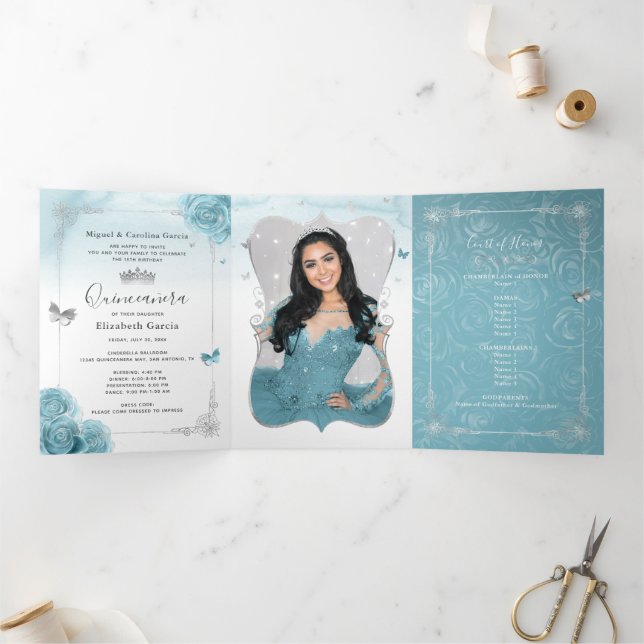 Elegant Photo Aqua Turquoise Teal Silver Quince Tri-Fold Invitation (Inside)