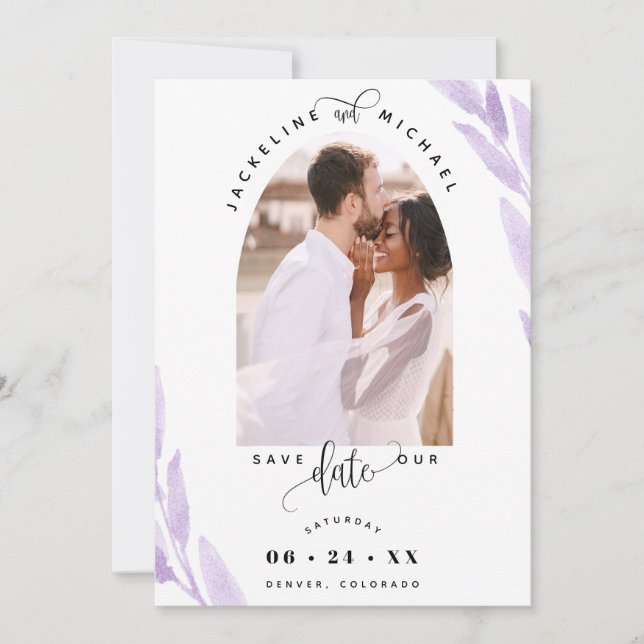 Elegant Photo Arch and Purple Leaves Wedding Save The Date (Front)