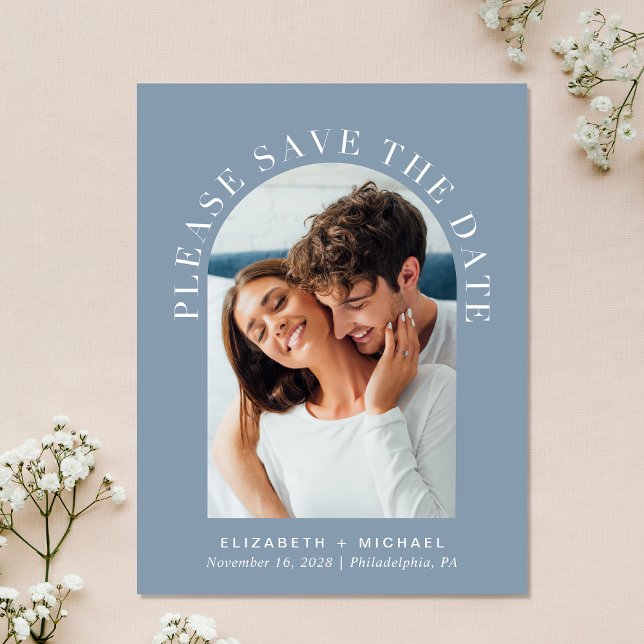 Elegant Photo Arch Dusty Blue Save The Date Announcement Postcard (Celebrate your love story with a save the date showcasing your photo in an elegant arch frame)