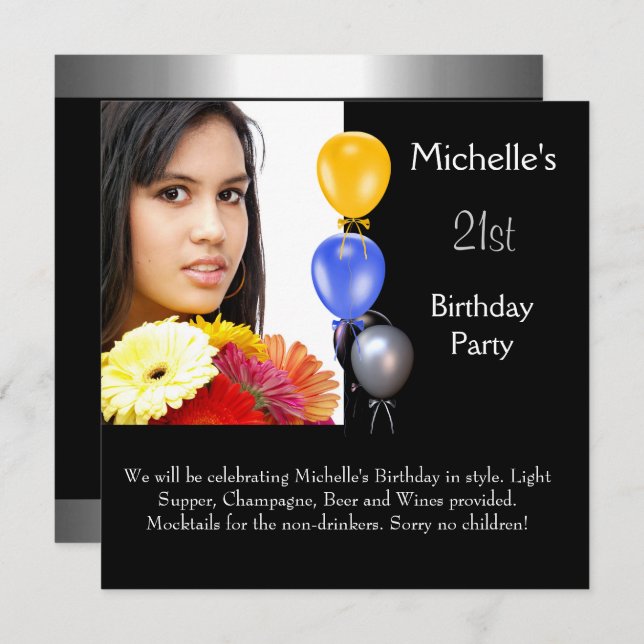 Elegant Photo Balloons 21st Birthday Invitation (Front/Back)