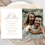 Elegant Photo Beige Cream Monogram Wedding Save The Date<br><div class="desc">Announce your wedding date with this striking wedding save the date card featuring two sections on the front, to the left exquisite hand drawn botanical monogram elegantly framing couples initials in beige hues with your names and wedding date and location details and to the right with section for your photograph....</div>