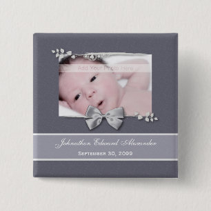 Elegant Photo Birth Announcement Silver Ribbon 2 Inch Square Button