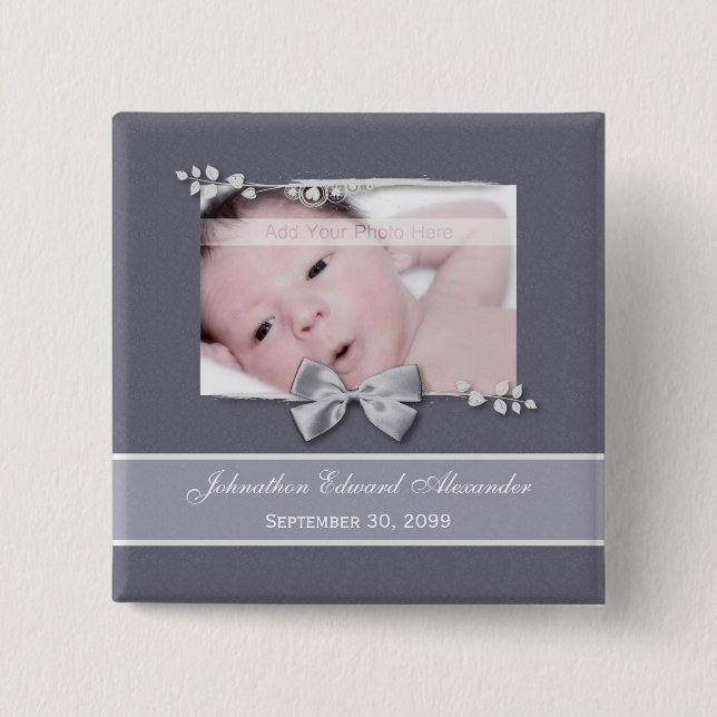 Elegant Photo Birth Announcement Silver Ribbon 2 Inch Square Button (Front)