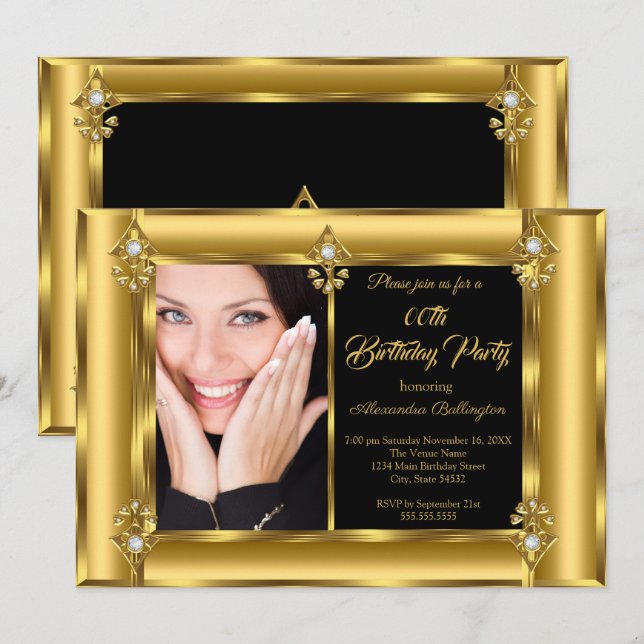 Elegant Photo Birthday Party Black Gold Diamond 2 Invitation (Front/Back)