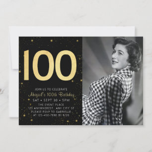 Elegant Photo Black Gold 100th Birthday Party Invitation