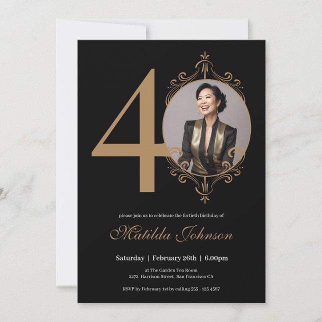 Elegant Photo Black Gold 40th Birthday Invitation (Front)
