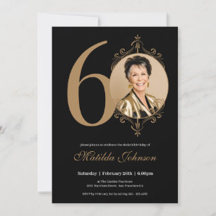 Elegant Photo Black Gold 60th Birthday Invitation