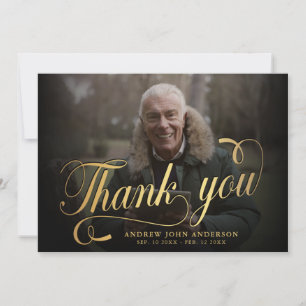 Elegant Photo Black & Gold Calligraphy Funeral Thank You Card