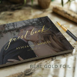 Elegant photo black gold calligraphy wedding guest book<br><div class="desc">Simple minimalist gold foil stylish bride and groom names and photo overlay custom guest book. Easy to personalize with your text and 2 photos.</div>