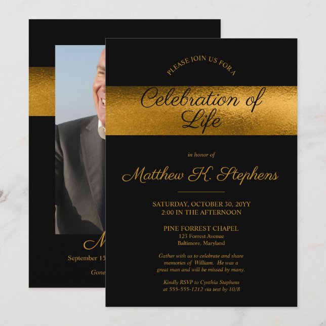 Elegant Photo Black  | Gold Celebration of Life Invitation (Front/Back)