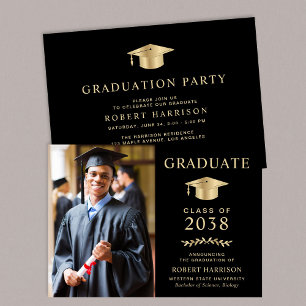 Elegant Photo Black Gold College Graduation Party Invitation
