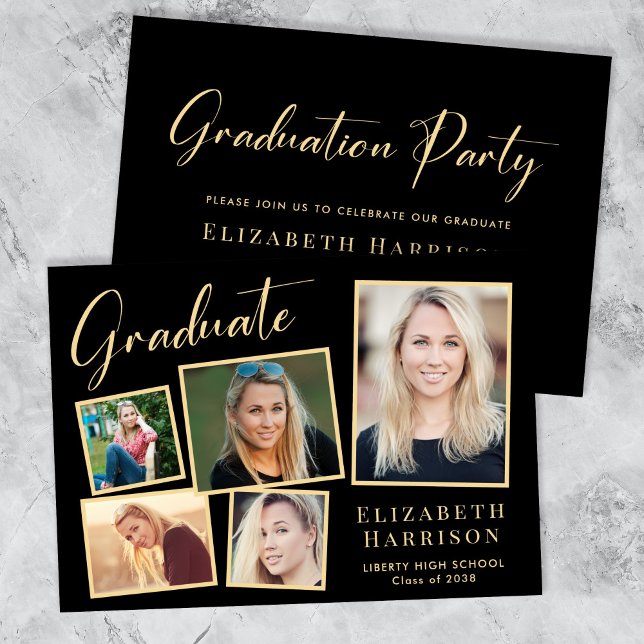 Elegant Photo Black Gold Graduation Party Invitation (Our user-friendly template makes it a breeze to upload your photos and personalize your invitation)