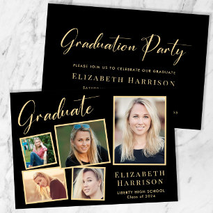 Elegant Photo Black Gold Graduation Party Invitation