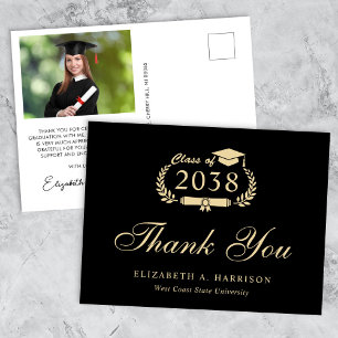 Elegant Photo Black Gold Graduation Thank You Postcard