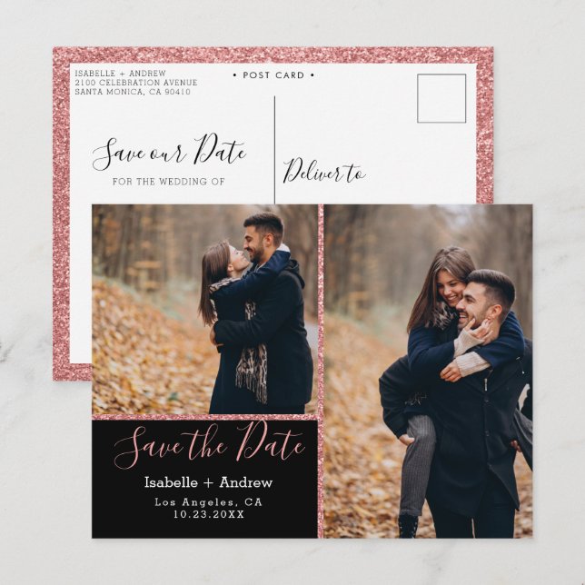 Elegant Photo Black Rose Glitter Save the Date Announcement Postcard (Front/Back)