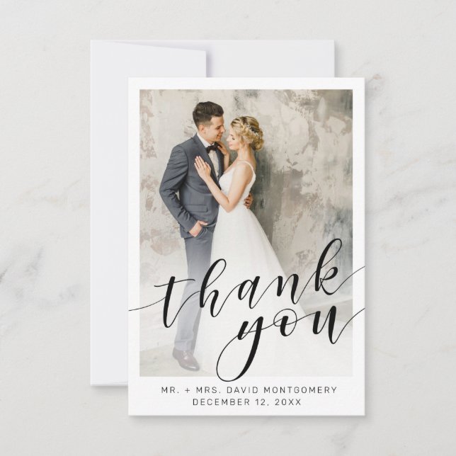 Elegant Photo Black Script White Wedding Thank You Card (Front)