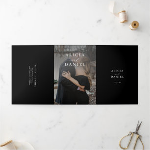 Elegant photo black wedding RSVP details QR code  Tri-Fold Invitation