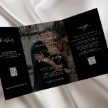 Elegant photo black wedding RSVP details QR code  Tri-Fold Invitation<br><div class="desc">Modern simple minimal typography trendy black all in one budget wedding invitation template with 2 photos, rsvp and details with scanning QR codes featuring a chic trendy calligraphy script and dark overlay. Easy to personalize with one or two custom photos (you can upload the same photo on both sides) and...</div>