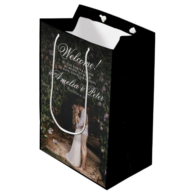 Elegant Photo Black Wedding Welcome  Medium Gift Bag (Front Angled)