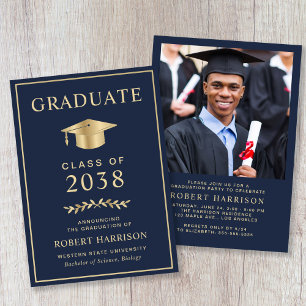 Elegant Photo Blue Gold College Graduation Party Invitation