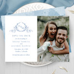 Elegant Photo Blue Monogram Wedding Save The Date<br><div class="desc">Announce your wedding date with this striking wedding save the date card featuring two sections on the front, to the left exquisite hand drawn botanical monogram elegantly framing couples initials in blue hues with your names and wedding date and location details and to the right with section for your photograph....</div>