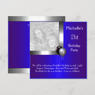 Elegant Photo Blue Silver Balloon 21st Birthday Invitation