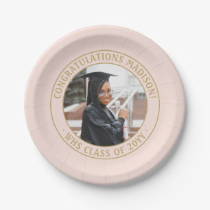 Elegant Photo Blush Pink & Gold Modern Graduation Paper Plate