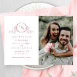 Elegant Photo Blush Pink Monogram Wedding Save The Date<br><div class="desc">Announce your wedding date with this striking wedding save the date card featuring two sections on the front, to the left exquisite hand drawn botanical monogram elegantly framing couples initials in blush pink hues with your names and wedding date and location details and to the right with section for your...</div>