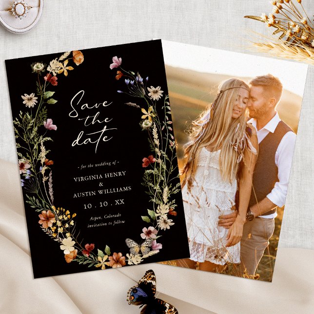 Elegant Photo Boho Save The Date (Elegant Black Wildflower Photo Boho Save The Date by Painted Paperie
)