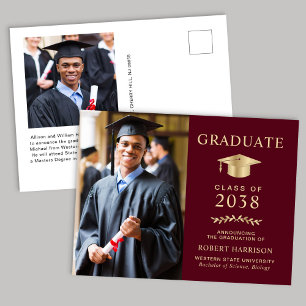 Elegant Photo Burgundy Gold College Graduation Announcement Postcard