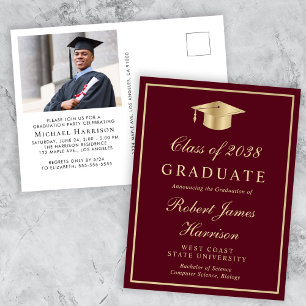 Elegant Photo Burgundy Gold Graduation Party Invitation Postcard