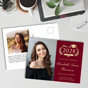 Elegant Photo Burgundy Gold Graduation Postcard