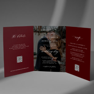 Elegant photo burgundy wedding RSVP details QR Tri-Fold Invitation