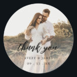 Elegant Photo Calligraphy Favour Thank You Wedding Classic Round Sticker<br><div class="desc">Elegant Photo Calligraphy Favour Thank You Wedding Classic Round Stickers</div>