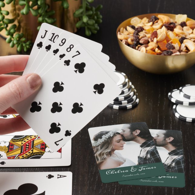 Elegant Photo Calligraphy Wedding Emerald Green Playing Cards (In Situ)