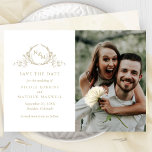 Elegant Photo Champagne Monogram Wedding Save The Date<br><div class="desc">Announce your wedding date with this striking wedding save the date card featuring two sections on the front, to the left exquisite hand drawn botanical monogram elegantly framing couples initials in golden champagne hues with your names and wedding date and location details and to the right with section for your...</div>