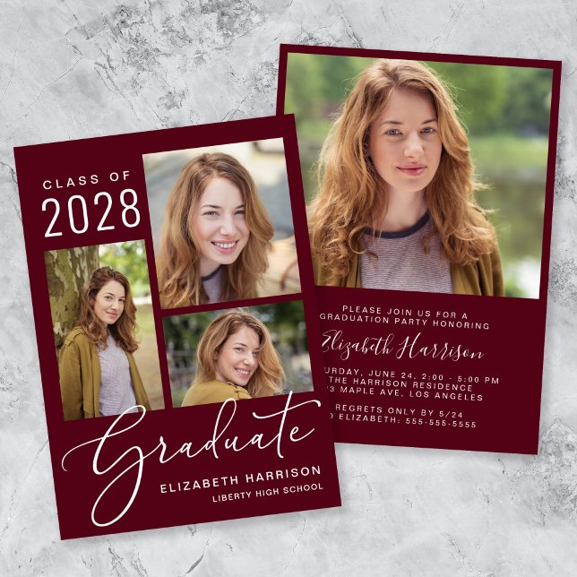 Elegant Photo Collage Burgundy Graduation Party Invitation (An elegant photo collage graduation party invitation to celebrate the graduate's achievements)