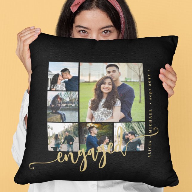 Elegant photo collage gold script engaged couple throw pillow (Creator Uploaded)