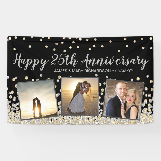 Elegant Photo Collage Gold Silver 25th Anniversary Banner (Horizontal)