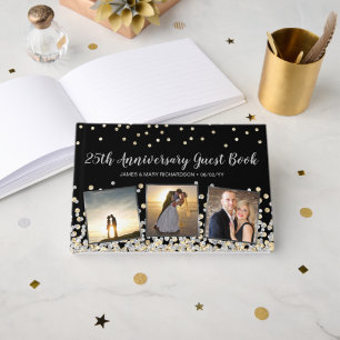 Elegant Photo Collage Gold Silver 25th Anniversary Guest Book