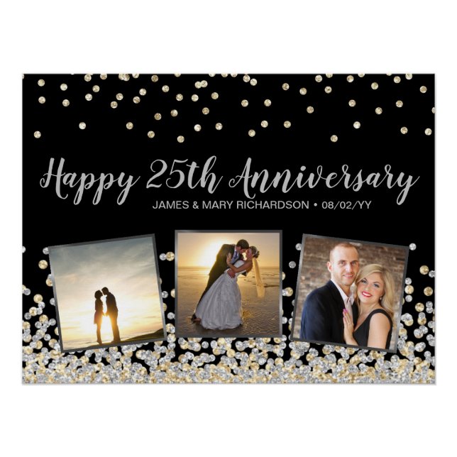 Elegant Photo Collage Gold Silver 25th Anniversary Poster (Front)