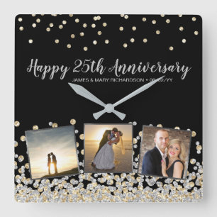Elegant Photo Collage Gold Silver 25th Anniversary Square Wall Clock