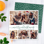 Elegant Photo Collage Green Script Snowy Christmas Holiday Card<br><div class="desc">Minimalist Modern Elegant Calligraphy White and Dark Green 4 Photo Collage Merry Christmas Calligraphy Script Holiday Card. This festive, mimimalist, whimsical four (4) photo holiday card template features a pretty photo collage and says „Merry Christmas”! The „Merry Christmas” greeting text is written in a beautiful hand lettering swirly swash-tail font...</div>