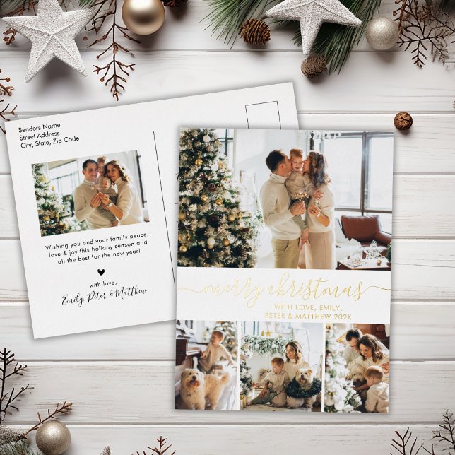 Elegant Photo Collage Holiday Gold Foil Postcard (Creator Uploaded)